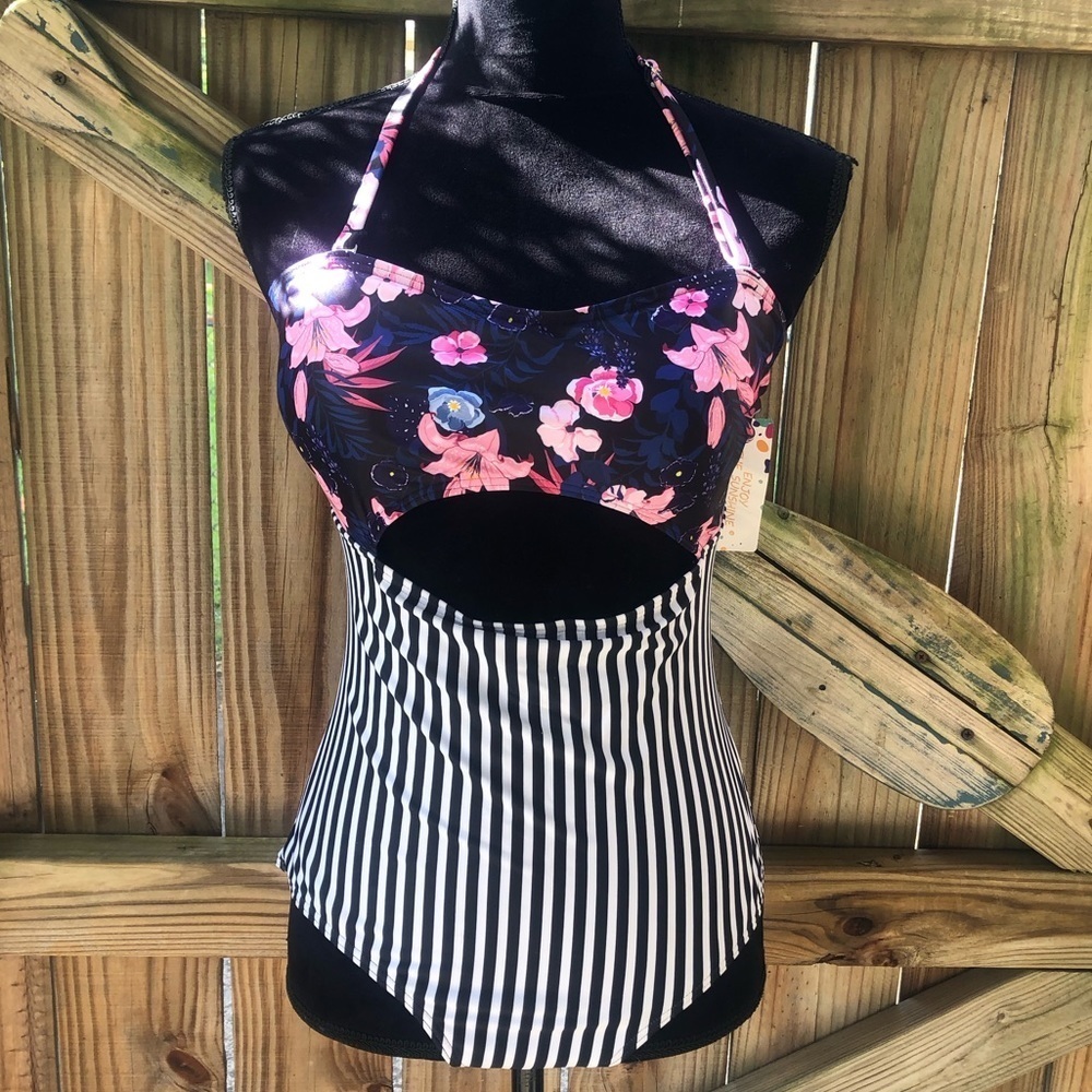 Enjoy the Sunshine New Floral & Stripe High Waisted Cut Out One Piece Swimsuit L